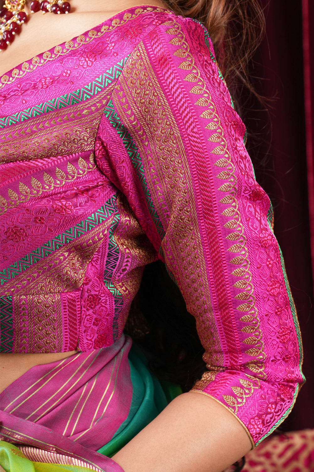 Rani Pink with Multicolor Striped Brocade Banarasi Blouse with V neck, Made to Order