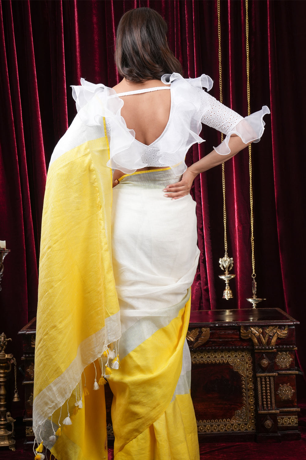 White and Yellow Wide Border Linen by Linen Saree