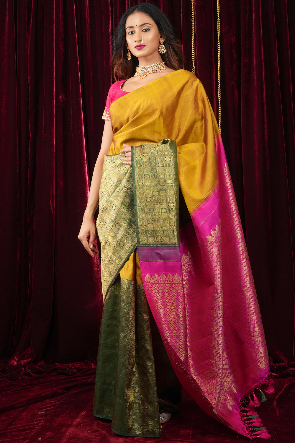 Preorder : Mustard and Green Stunning Half Border Kanjivaram Pure Silk saree with Pink Pallu| SILK MARK CERTIFIED