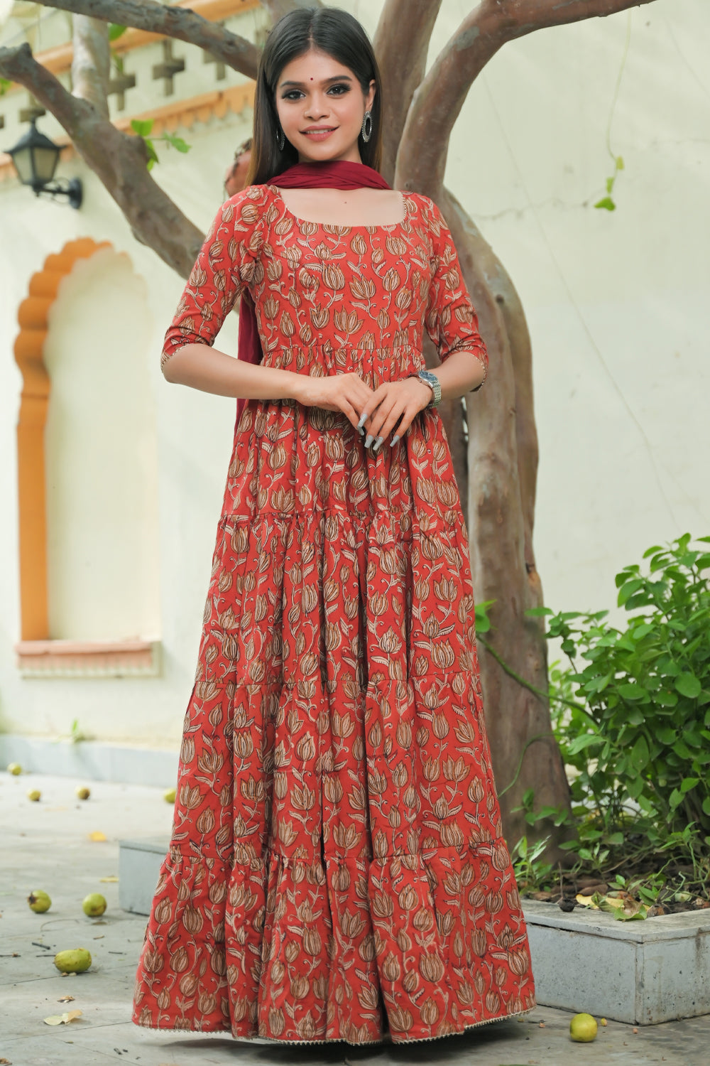 Radhika - 3 piece Tiered Anarkali in Terracotta Red Hand Block Print Mul Cotton, Leggins included | Made To Order