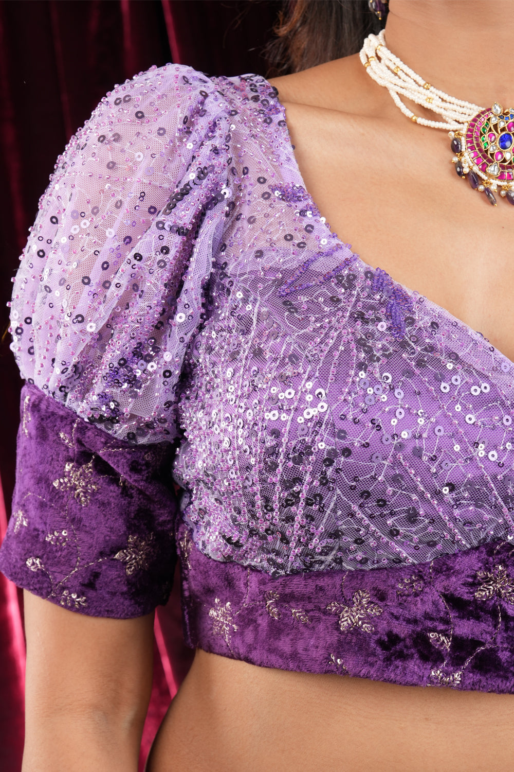 Lilac Sequin and Purple Velvet base puff sleeve blouse