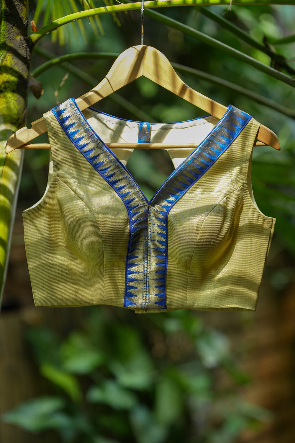 Muted Gold V neck neck sleeveless blouse with blue temple border, Made to Order