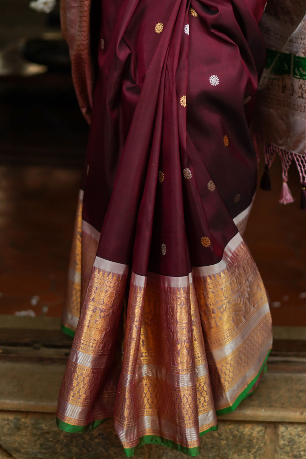 Maroon Pure Gadwal Silk Saree with Wide Golden Zari ' 11.2 Borders and Meenakari Pallu | SILK MARK CERTIFIED