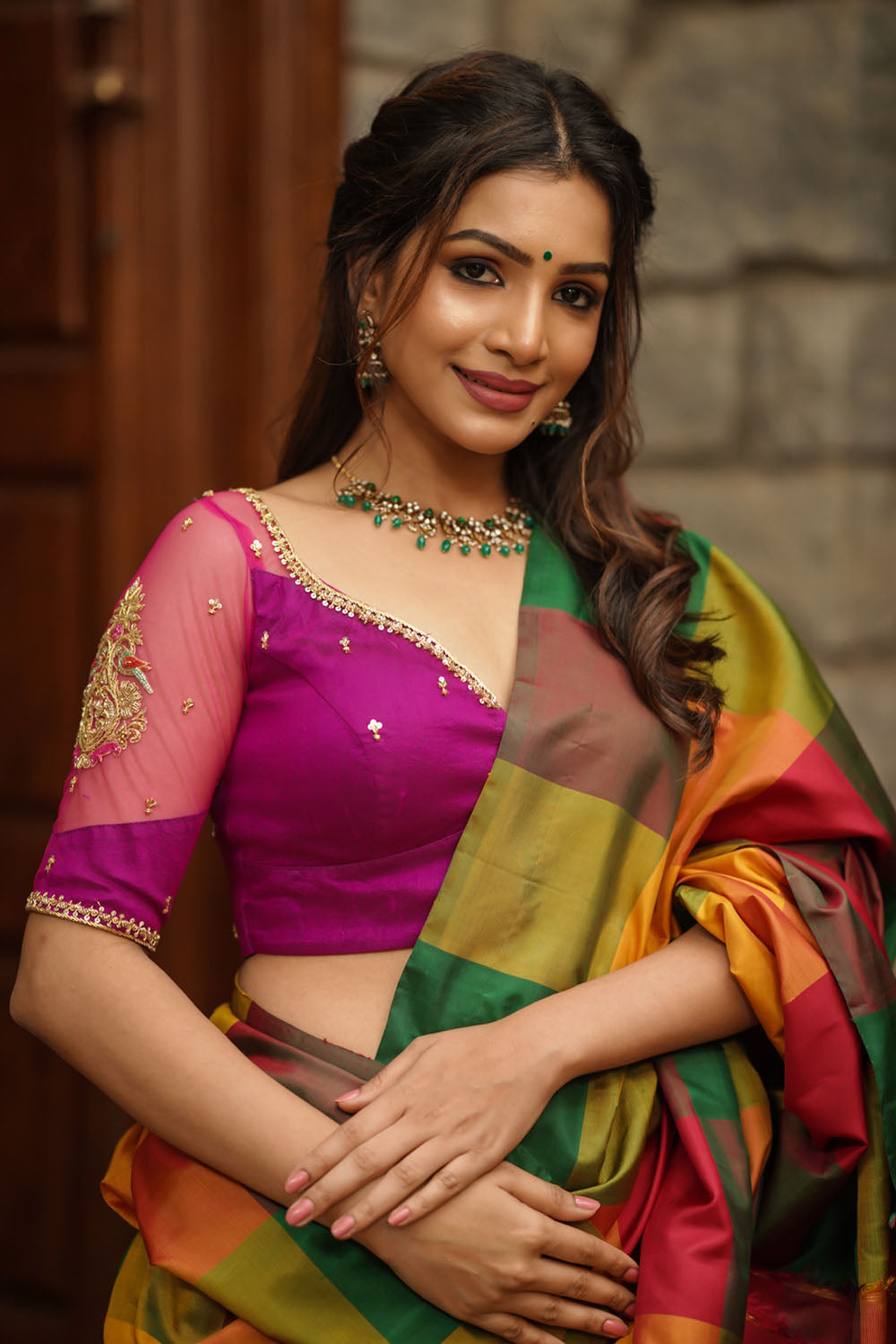 Magenta Pure Silk Blouse with Zardosi Cutdana Handwork on Net in Back and Sleeves, Made to Order