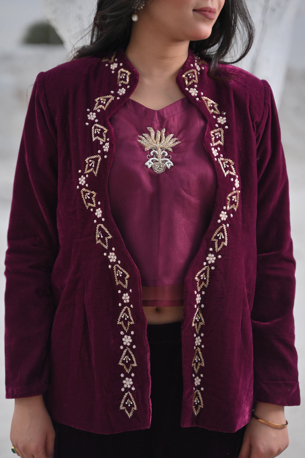 Unique Scarlet Wine Velvet Blazer with handcrafted embellishments, Made to Order. Perfect for Any Occasion!