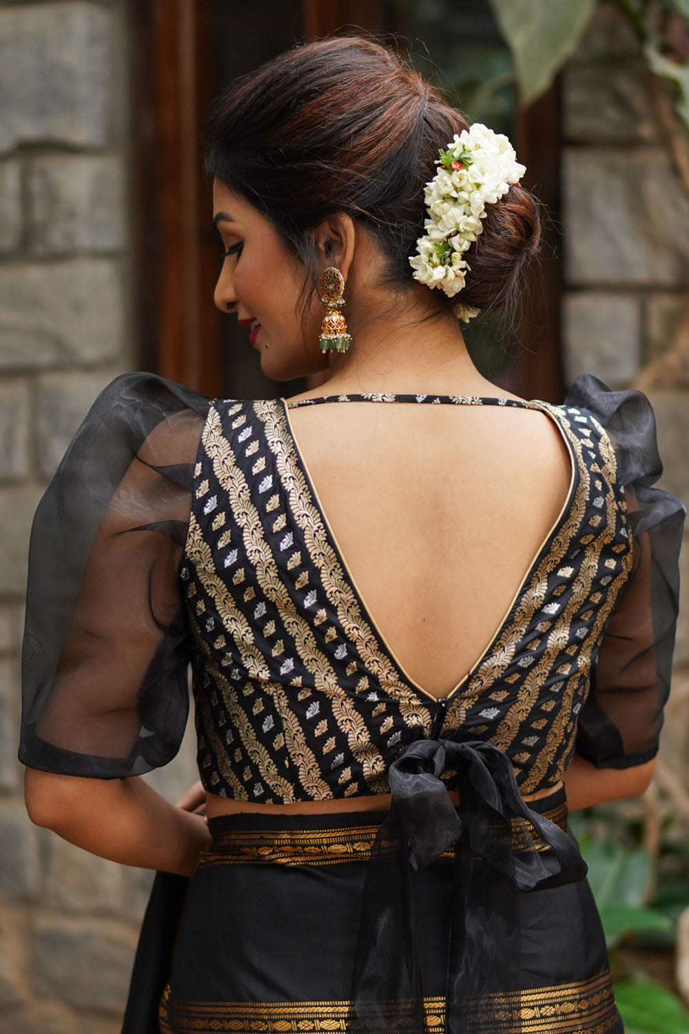 Black Brocade Blouse with Organza Puff Sleeves Mix and Match Blouse for saree, Made to Order