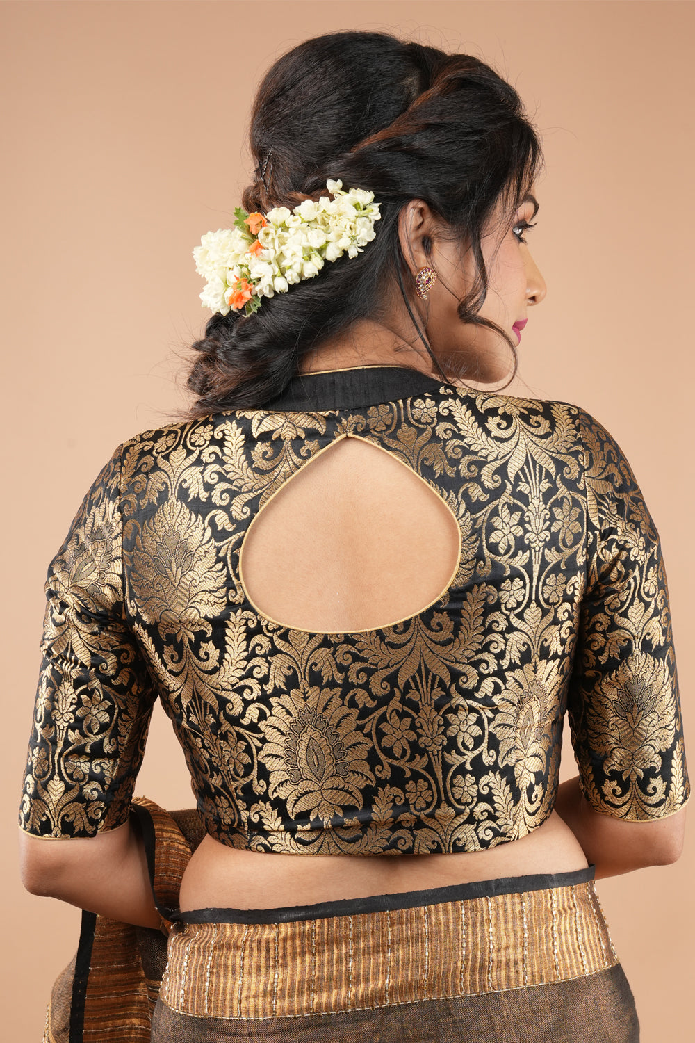 Black Collar Neck Brocade  Blouse with golden Piping