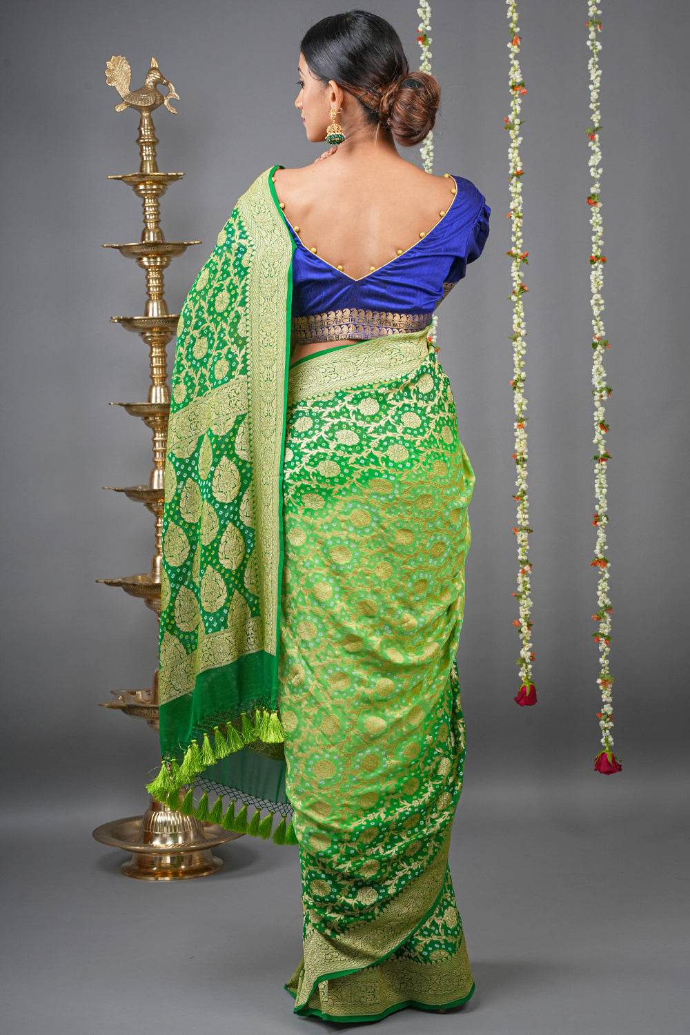 Authentic Hand Bandhej Banarasi Silk Georgette Saree in Ombre shades of Green | SILK MARK CERTIFIED