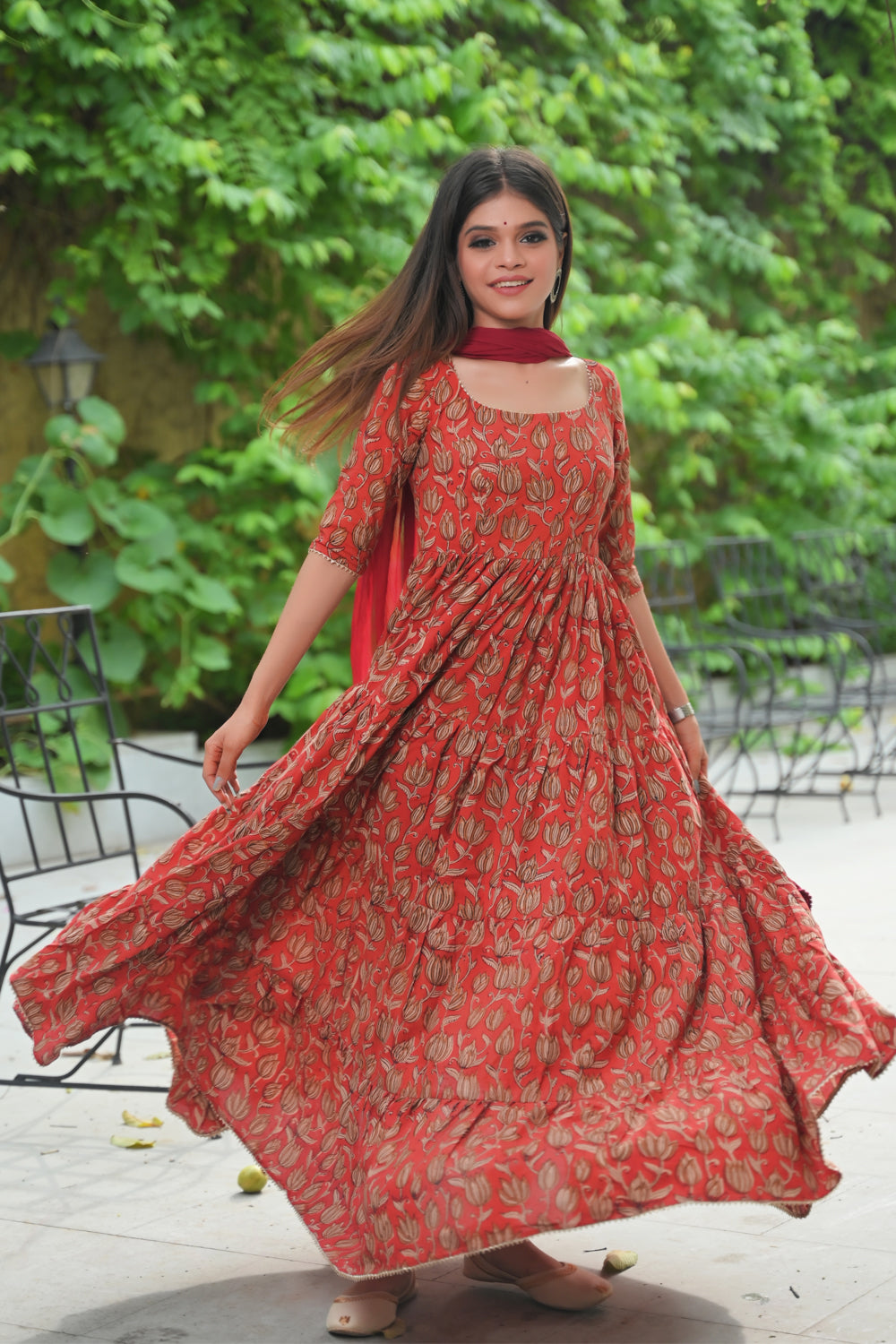 Radhika - 3 piece Tiered Anarkali in Terracotta Red Hand Block Print Mul Cotton, Leggins included | Made To Order