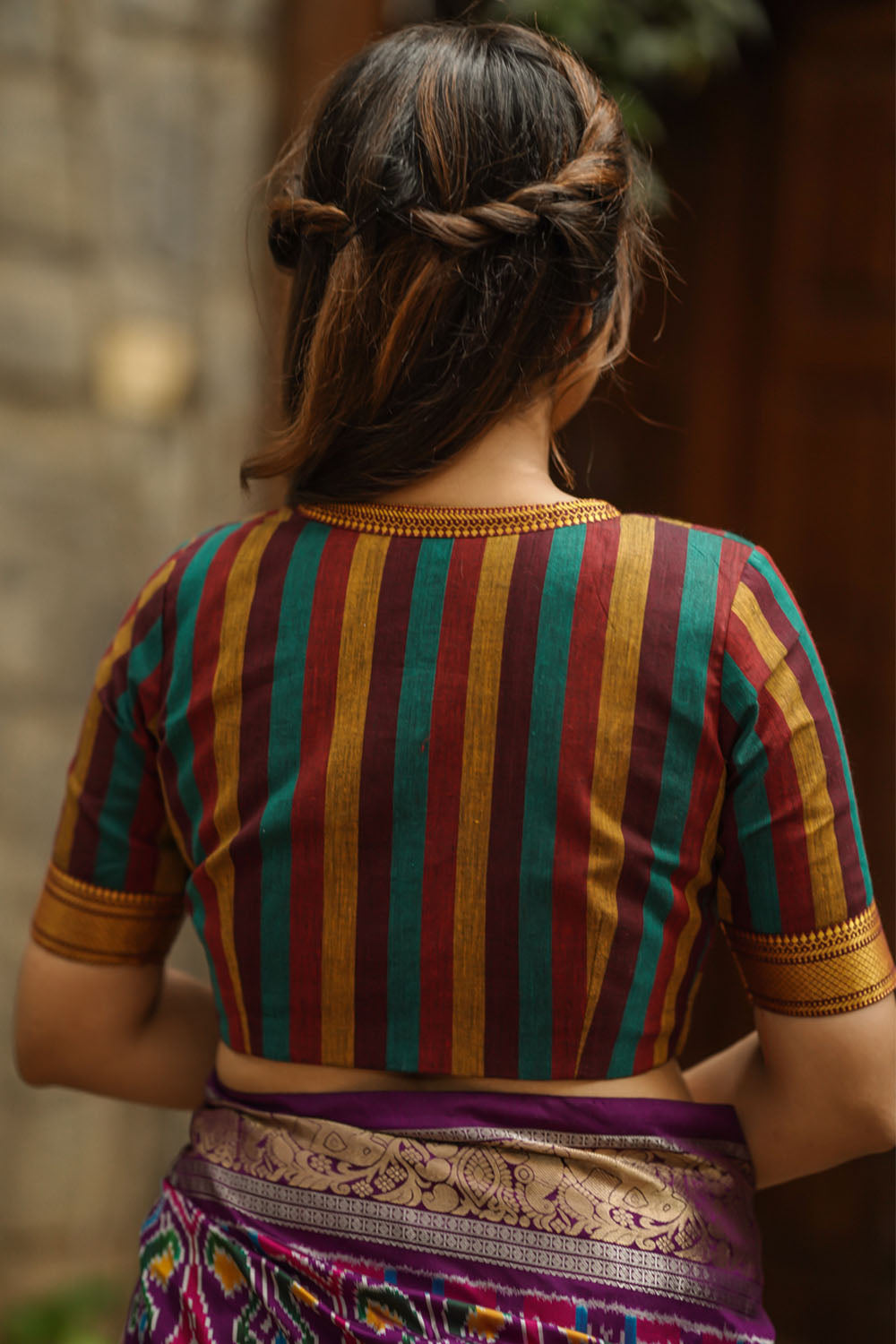Multicolour stripes handloom cotton deep V neck blouse  with border