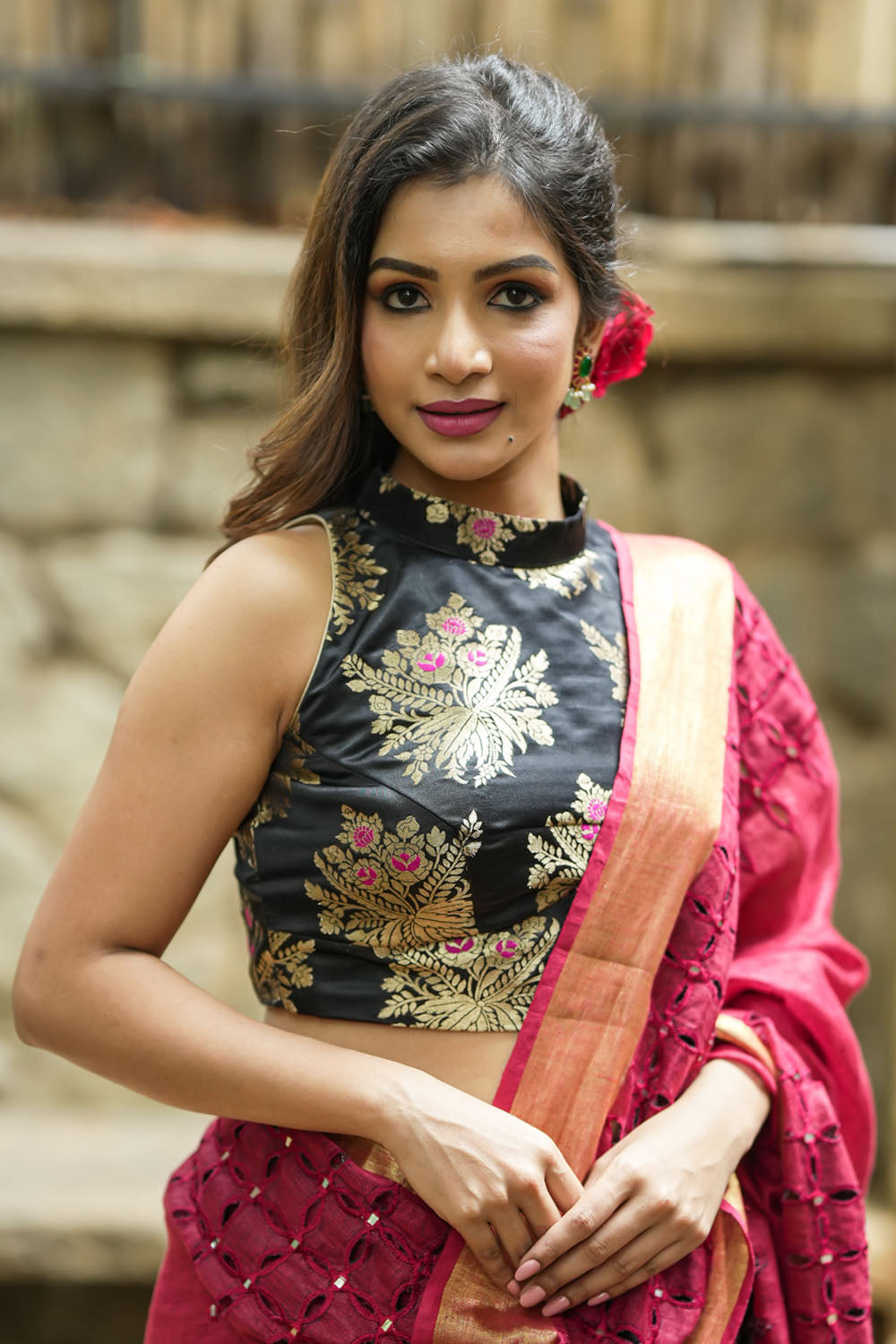 Black Meenakari halter neck mix and match blouse for saree, Made to Order