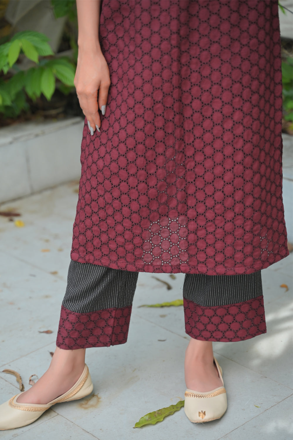 Aadhya : Maroon Hakoba and Black Cotton Kurti and Ankle Length Pant - 2 piece Indo Western Set | Made To Order