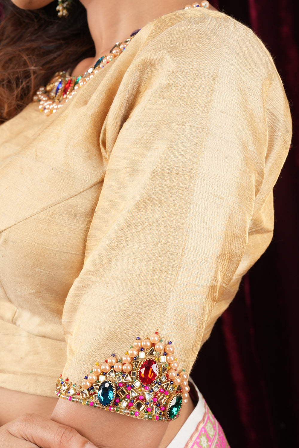Panchratna necklace and bajuband handwork detailing on sandal pure tissue rawsilk blouse