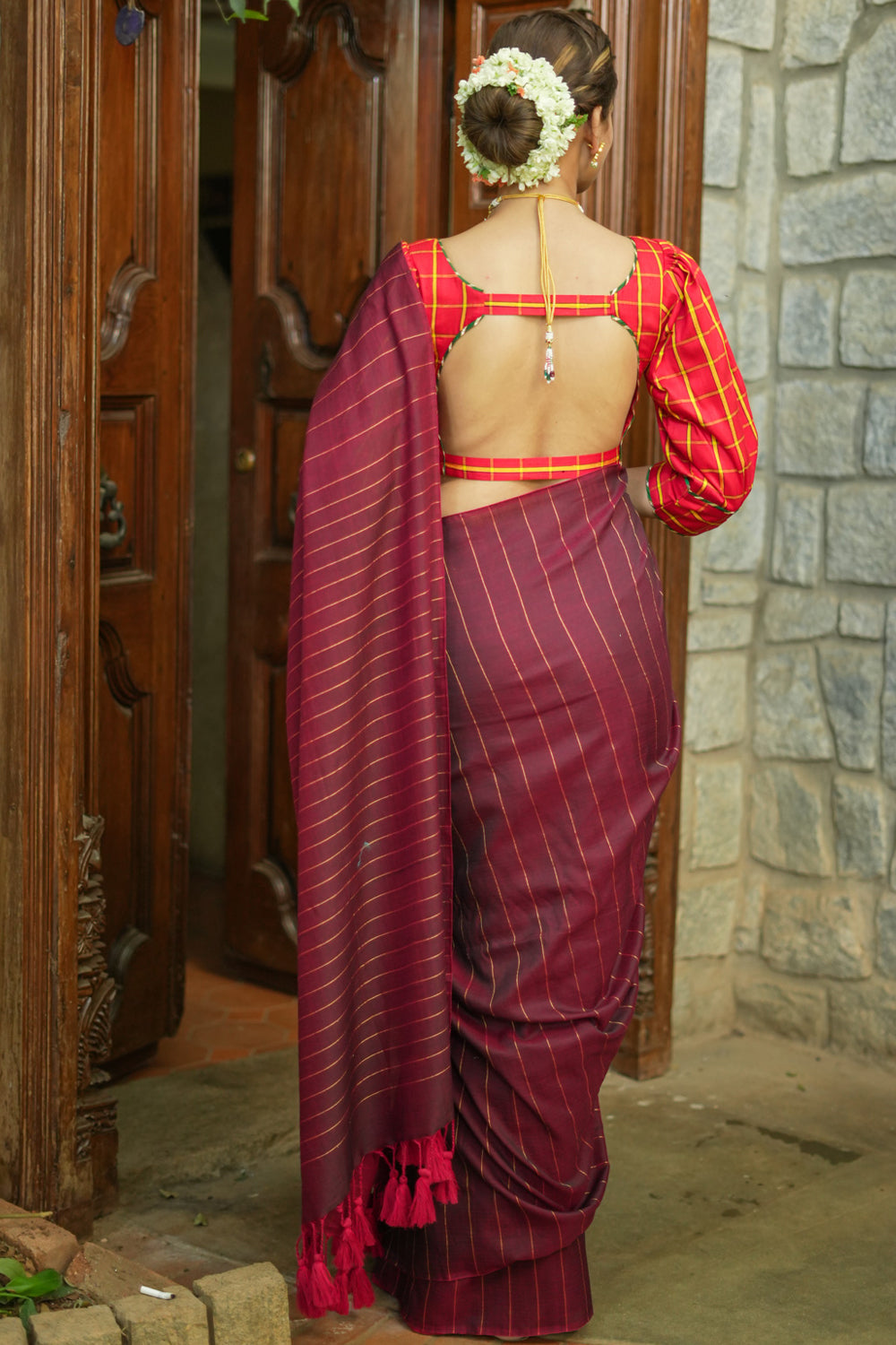 Maroon red maheshwari  mercerised cotton reversible saree