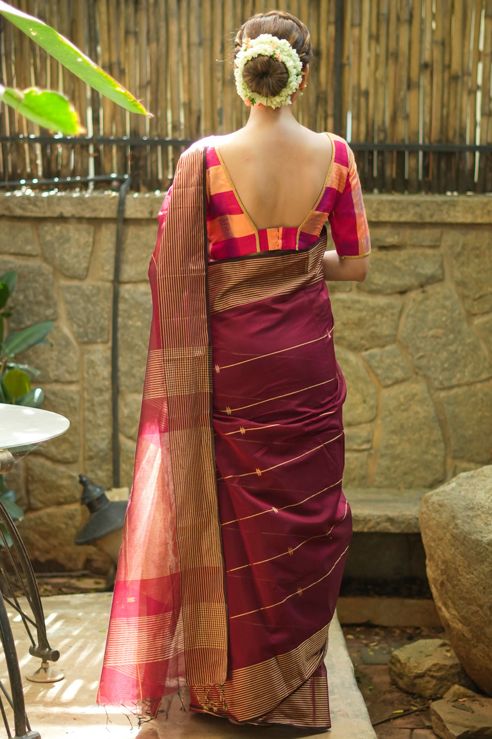 Maroon maheshwari silk cotton striped saree.