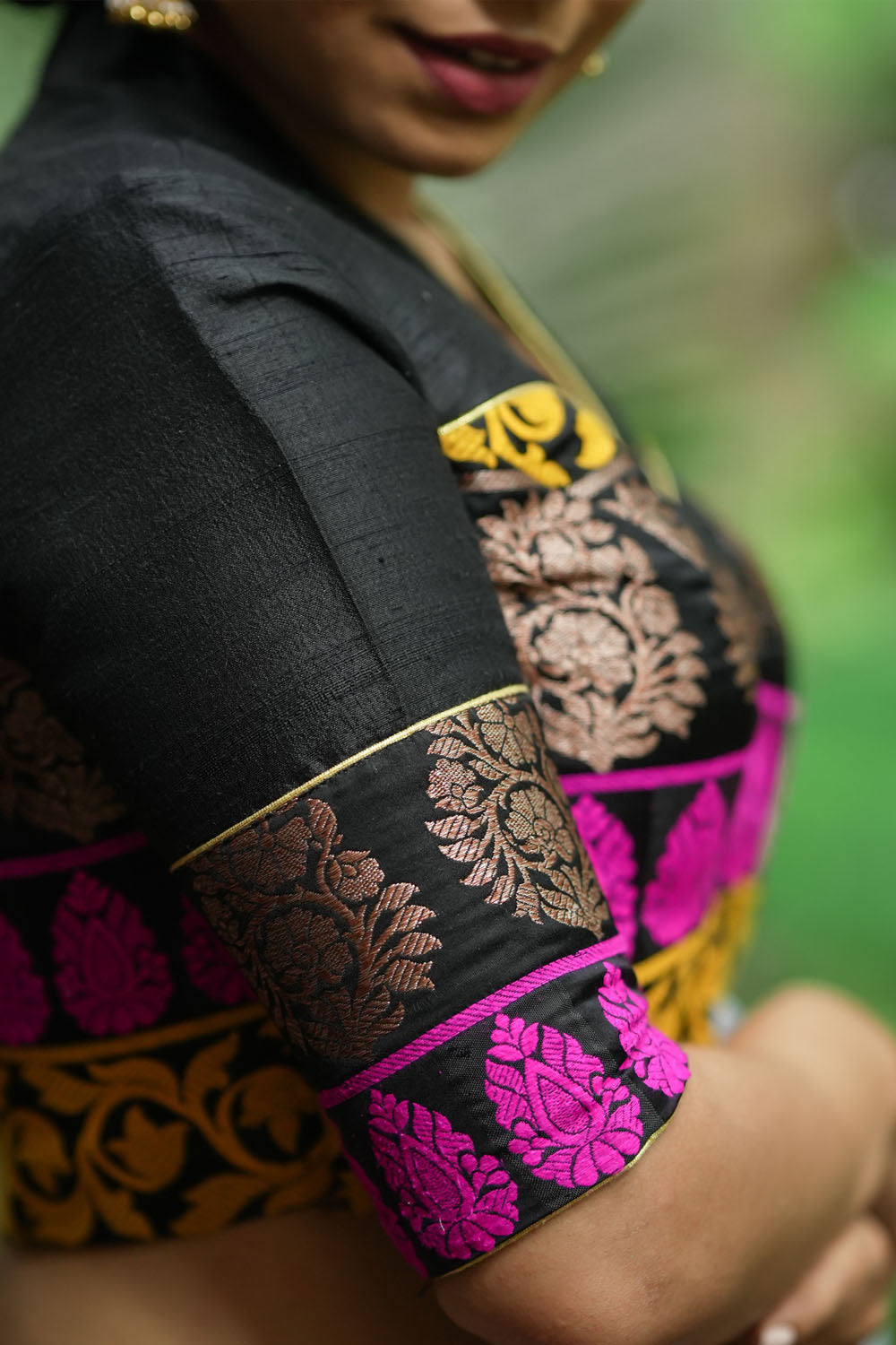 Black Pure Raw Silk with Meenakari Brocade Border V Neck Blouse, Made to Order