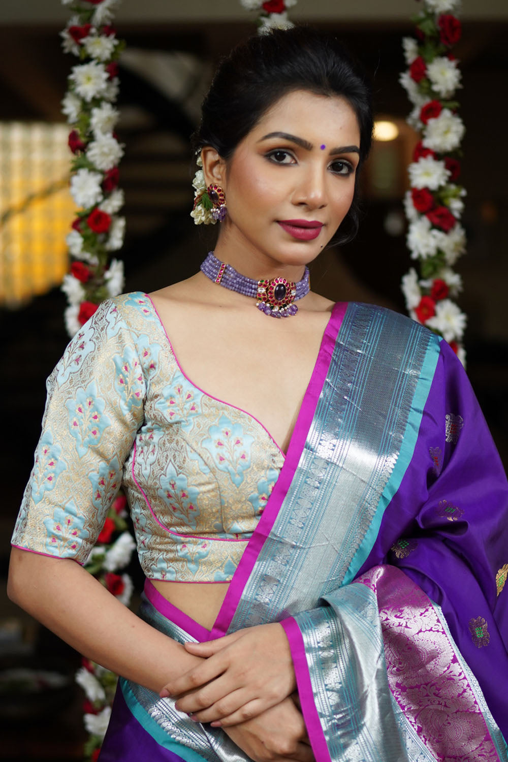 Heather Blue Meenakari Silk Blouse Mix and Match Blouse for saree, Made to Order