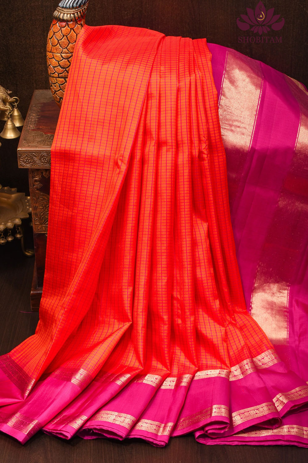 PREORDER: Fanta Orange Kanjivaram Soft Silk Saree with Checks and Magenta Borders | SILK MARK CERTIFIED