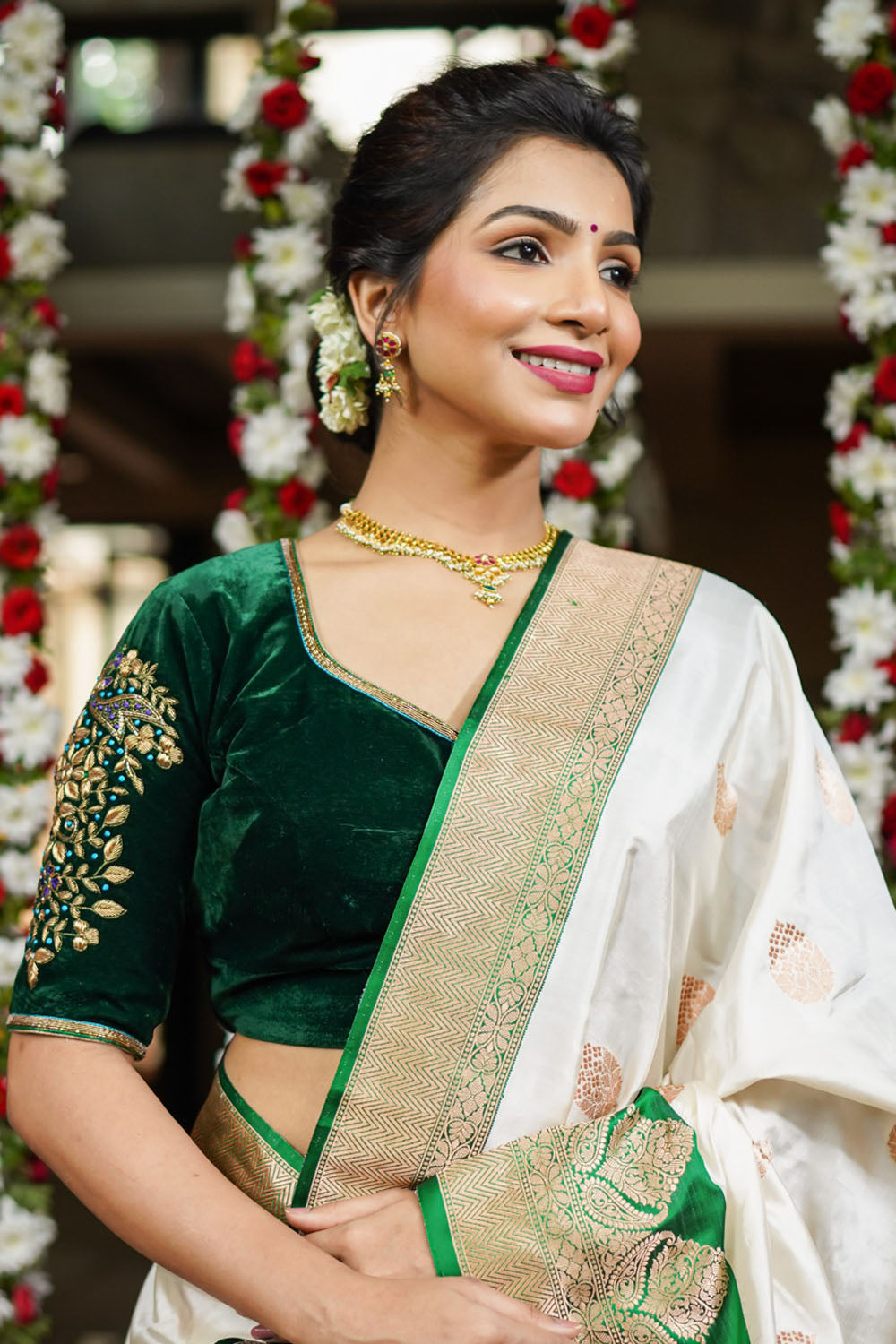 Green velvet sweetheart neck blouse with zardosi work