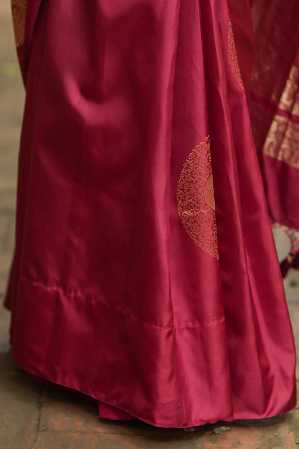 Deep red Kanjivaram saree with dacing peacock motifs
