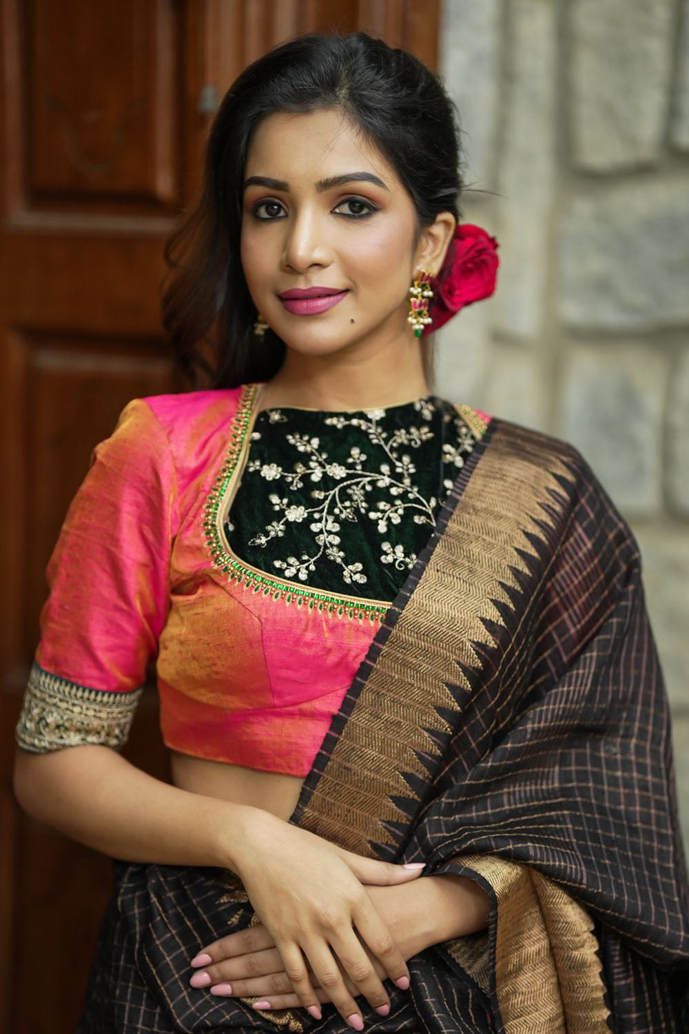 Pure Tissue Raw Silk Pink Blouse with Deep Green Velvet Yoke and Hand Work, Made to Order