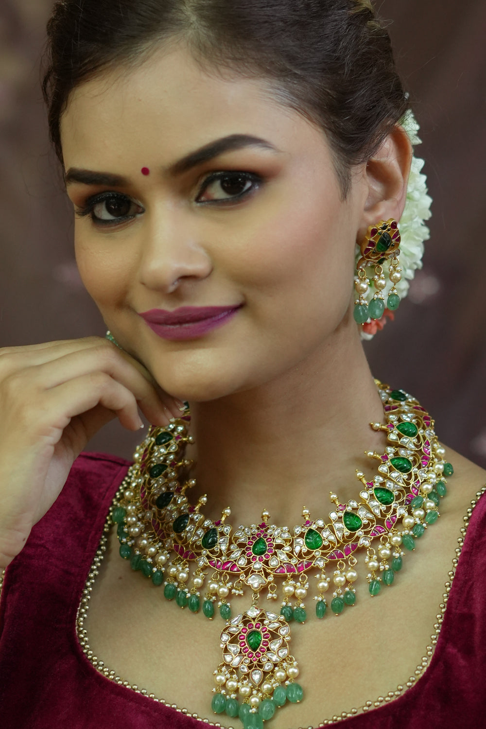 Statement White Kundan,Green & white Stone Layered Choker Set