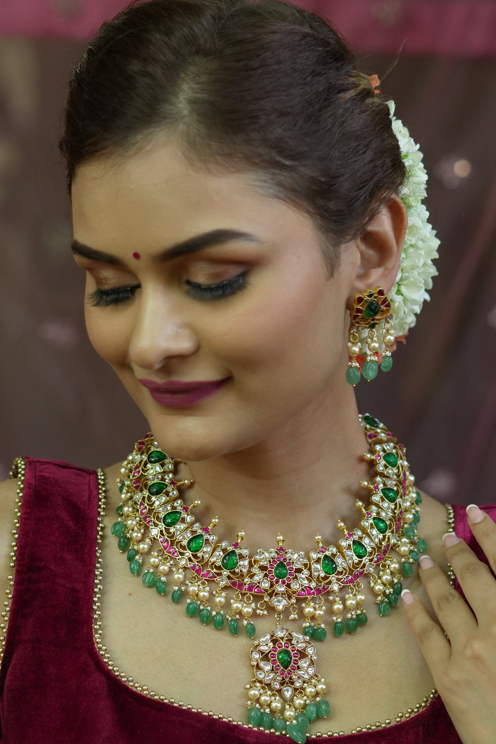 Statement White Kundan,Green & white Stone Layered Choker Set