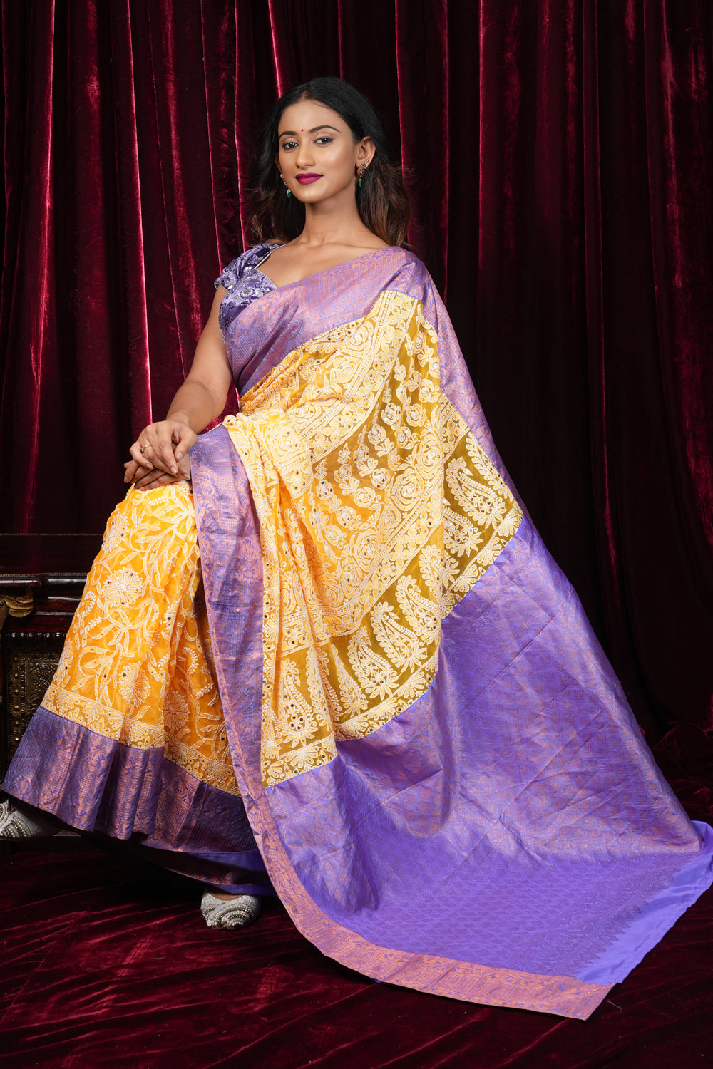 Yellow Fusion Saree with Hand Chikankari, Sequin work with pure Silk Kanjivaram Borders and Pallu