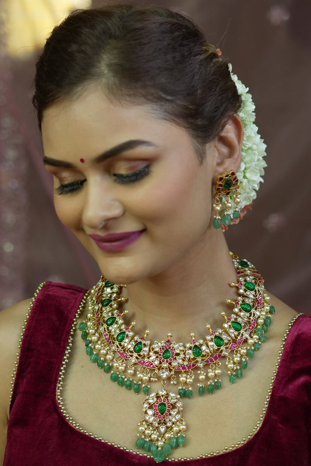 Statement White Kundan,Green & white Stone Layered Choker Set