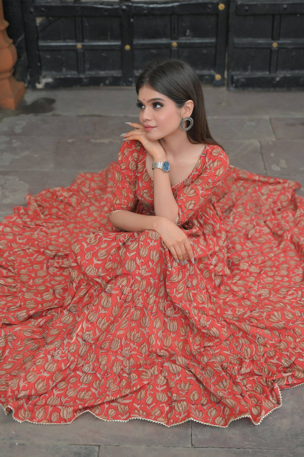 Radhika - 3 piece Tiered Anarkali in Terracotta Red Hand Block Print Mul Cotton, Leggins included | Made To Order