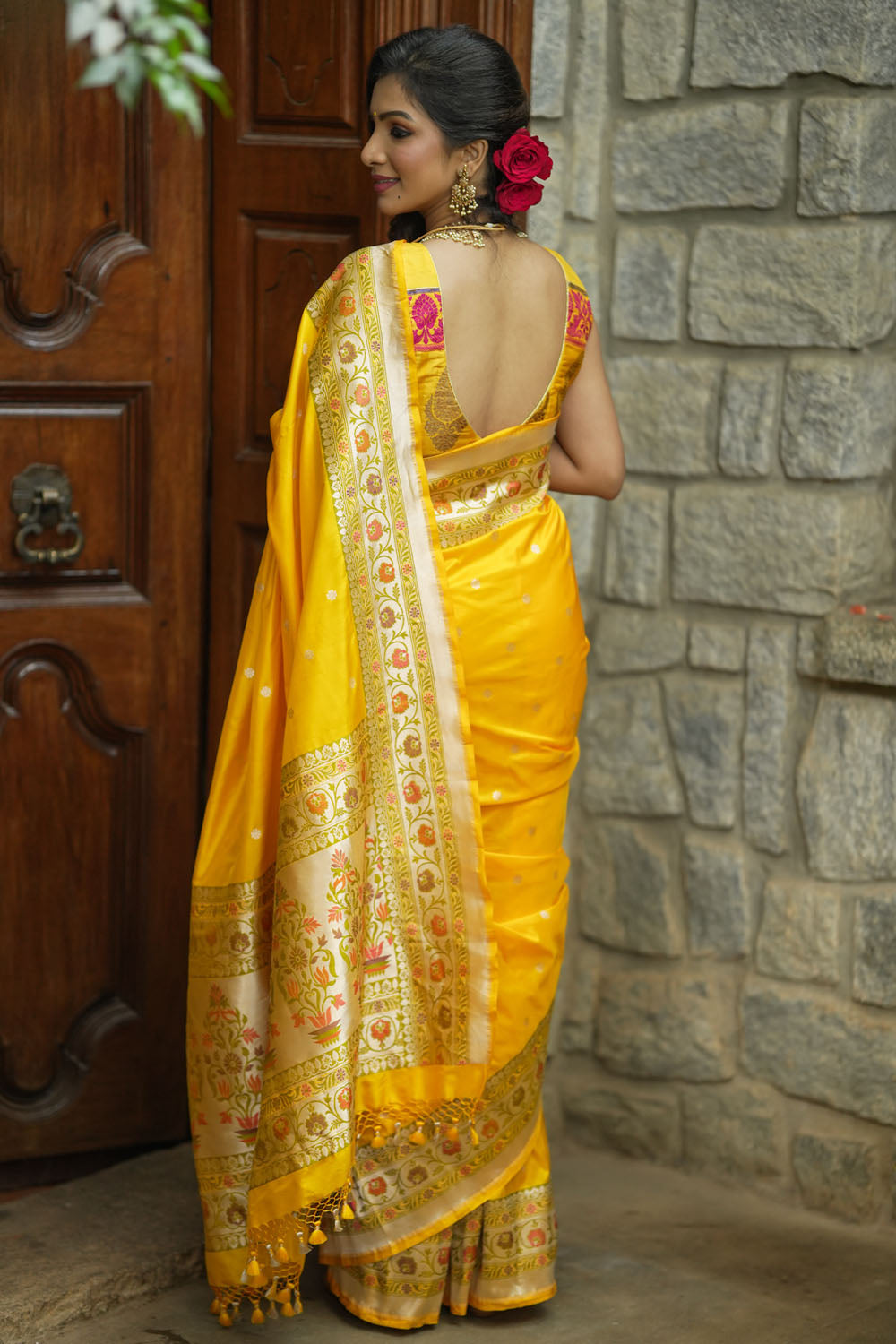 Yellow banarasi katan silk saree with paithani border