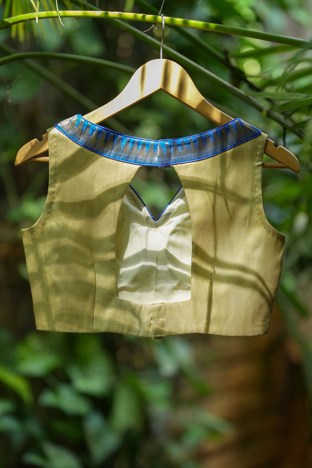 Muted Gold V neck neck sleeveless blouse with blue temple border, Made to Order