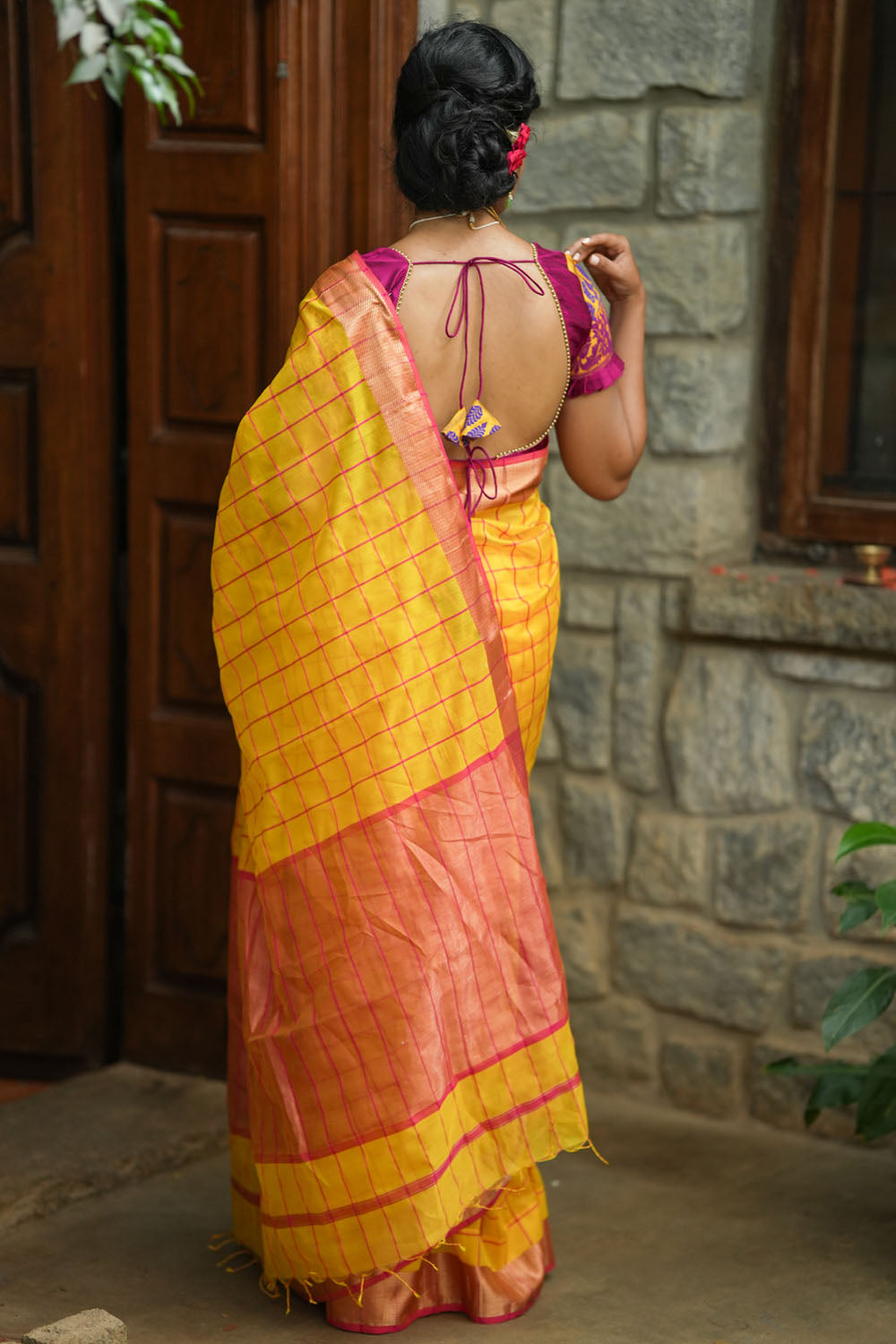 Yellow Red handwoven maheswari silk cotton Saree