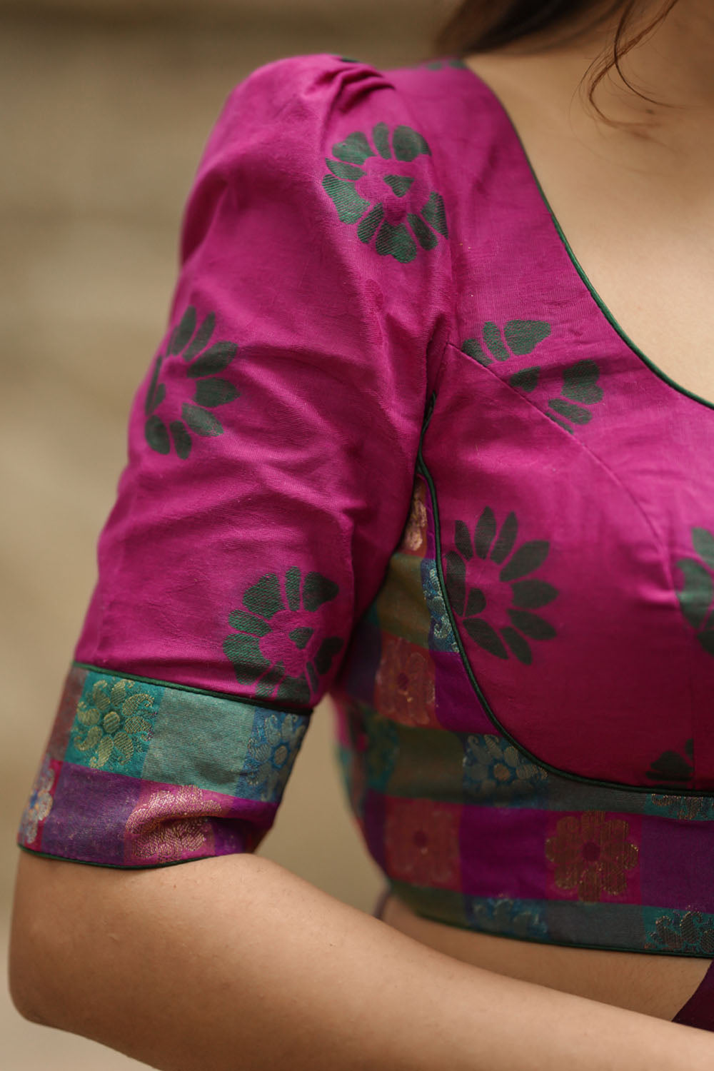 Dark magenta chanderi silk cotton with green embossed print U neck blouse with multicolour brocade band