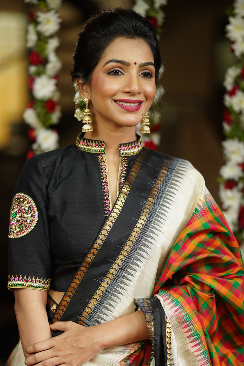 Black raw silk chinese collar blouse with  jadau mandala design