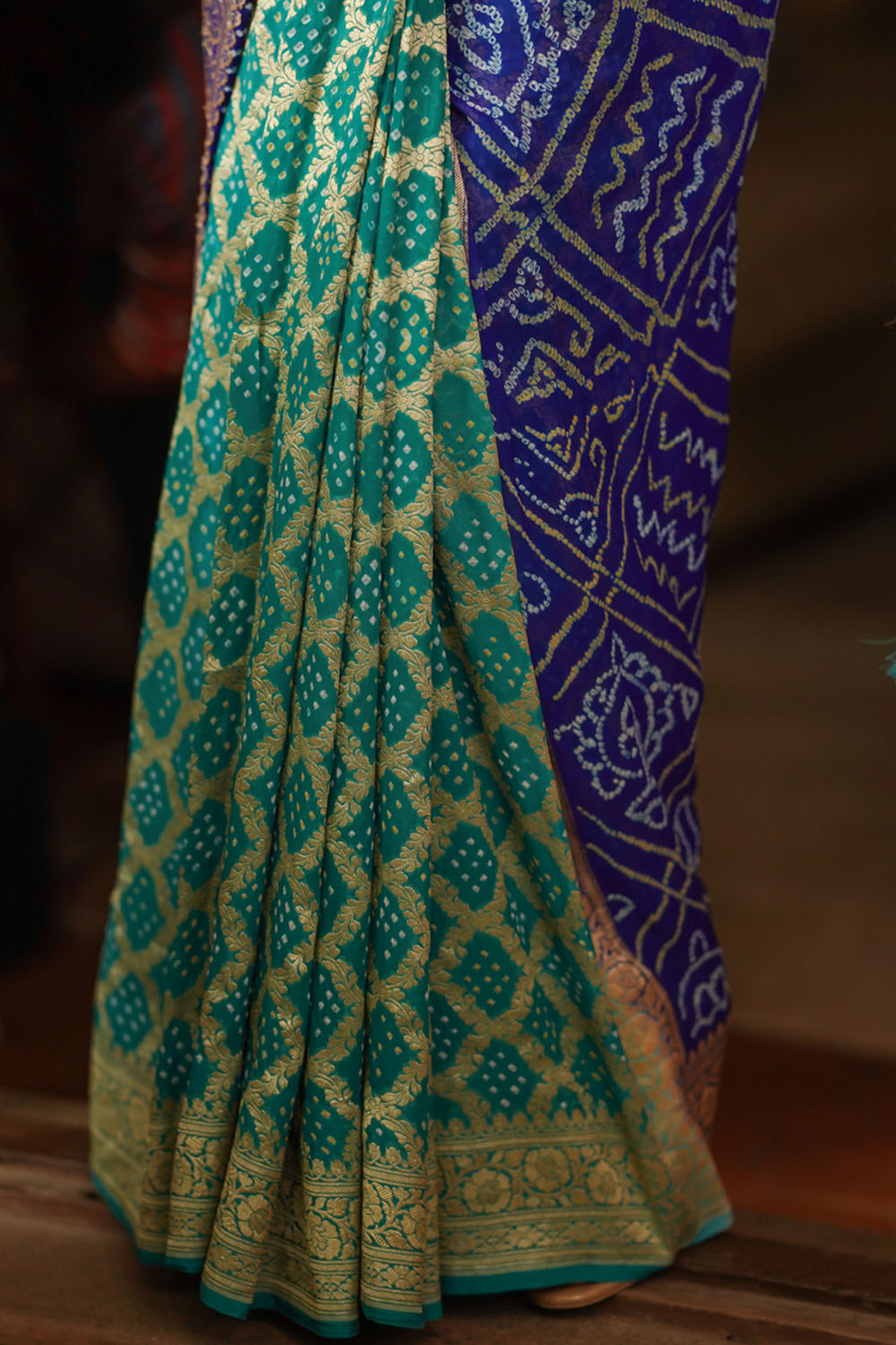 Parrot green and ink blue  bandhni and  banarasi half and half   saree| SILK MARK CERTIFIED