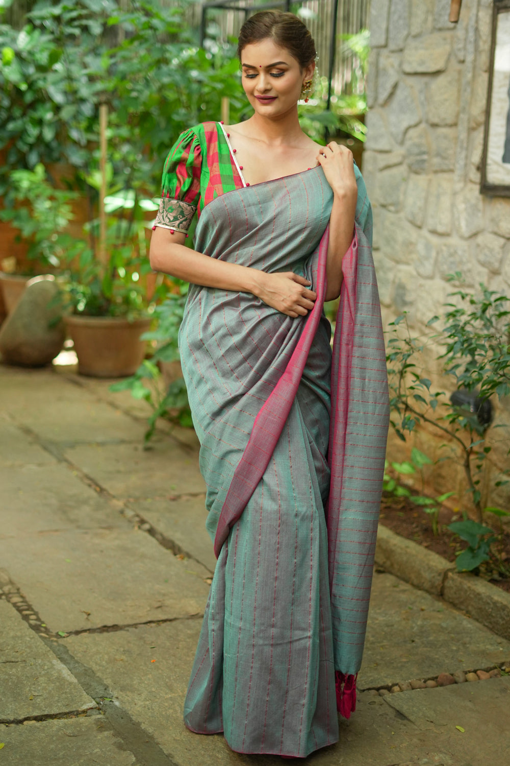 Sea green red maheshwari  mercerised cotton reversible saree