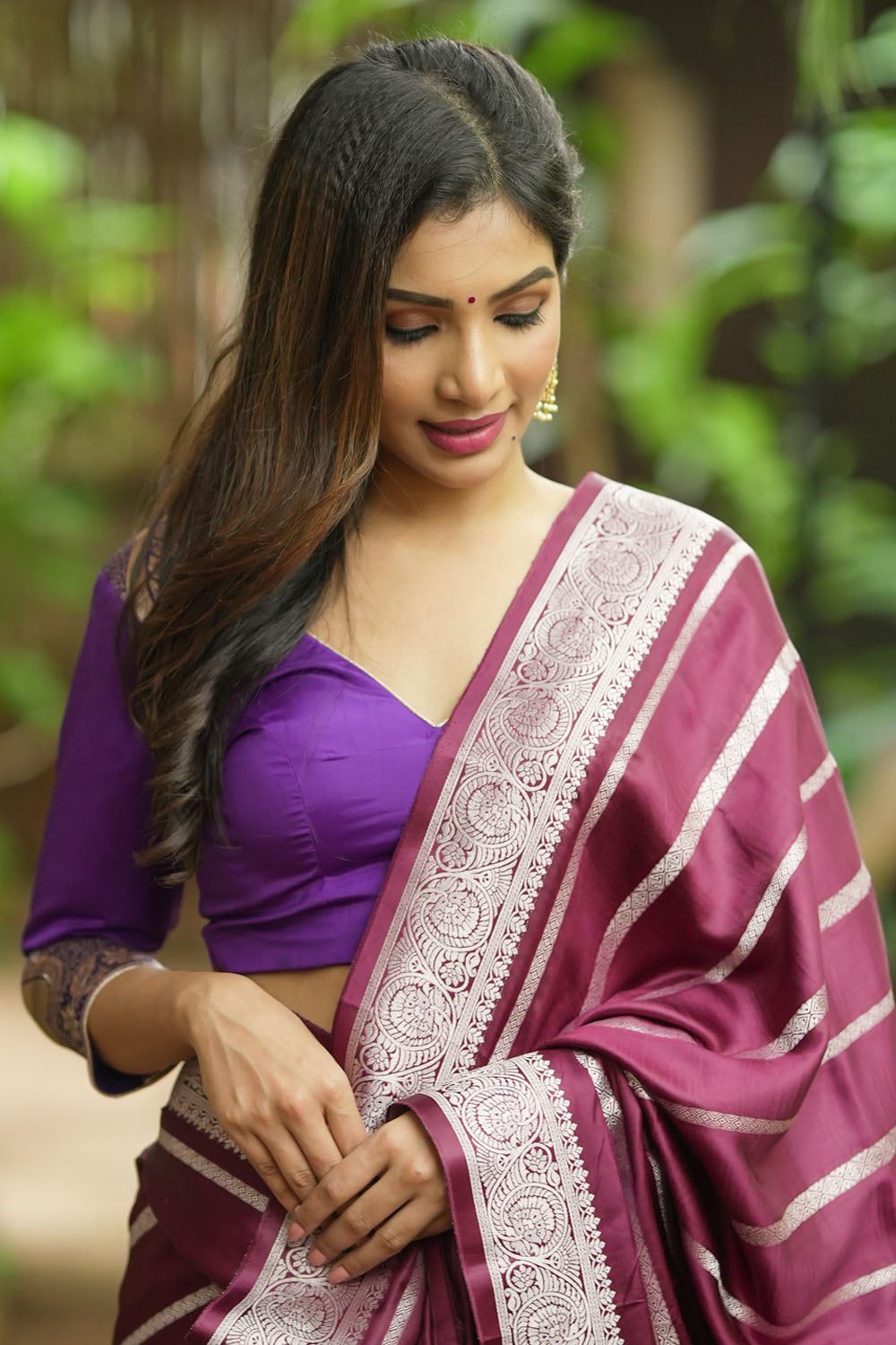 Purple silk & brocade V neck blouse with 3/4th sleeves, Made to Order