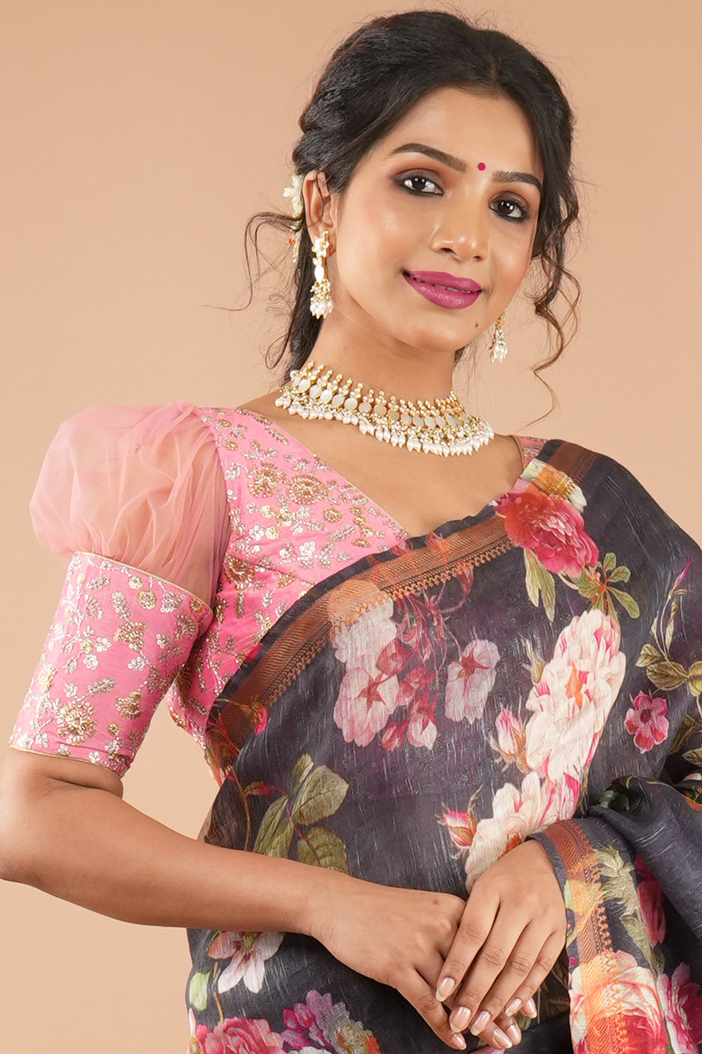 Carnation pink sequin blouse with net puff sleeves