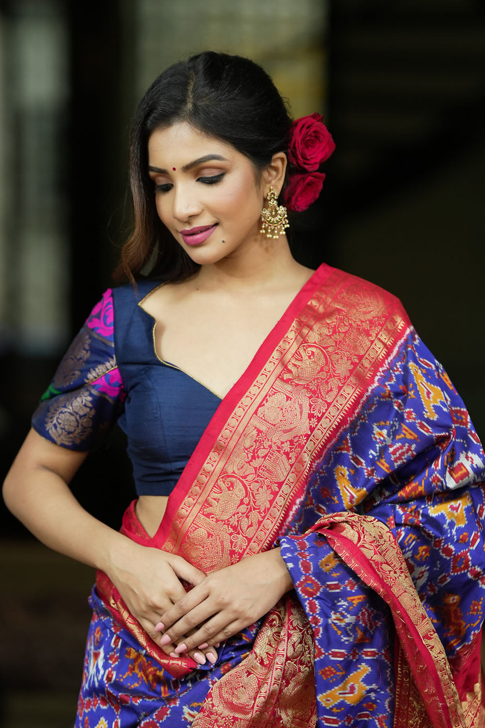 Navy Blue Pure Raw Silk & brocade Sweetheart neck blouse with Tulip sleeves, Made to Order
