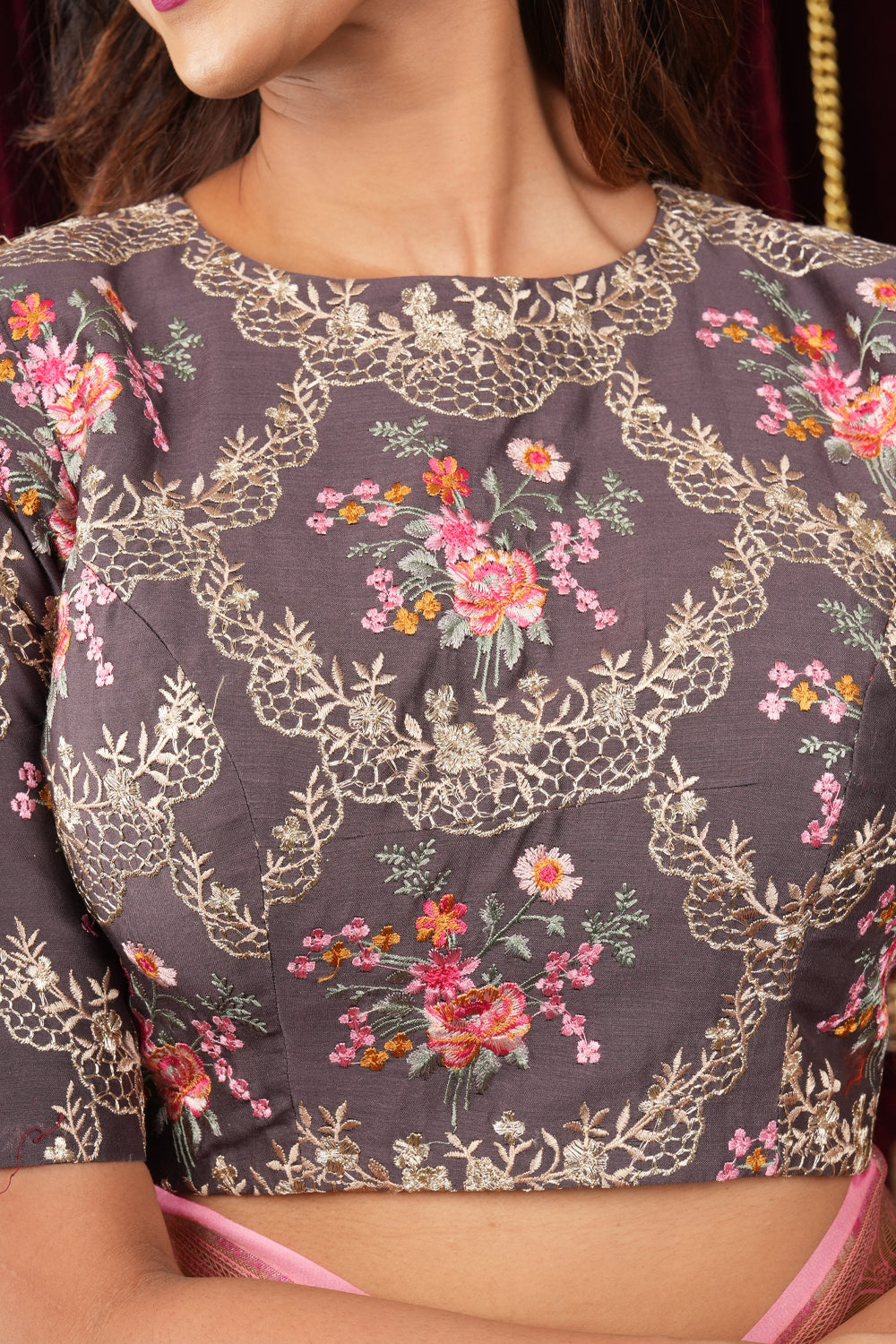 Grey geecha rawsilk blouse with floral embroidery
