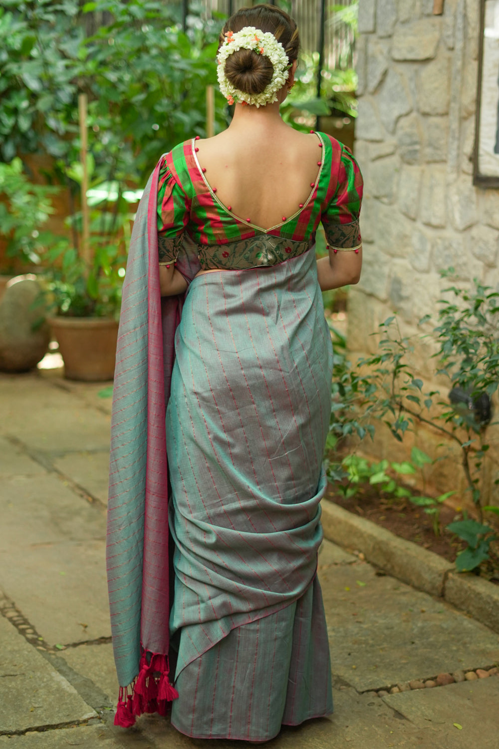 Sea green red maheshwari  mercerised cotton reversible saree