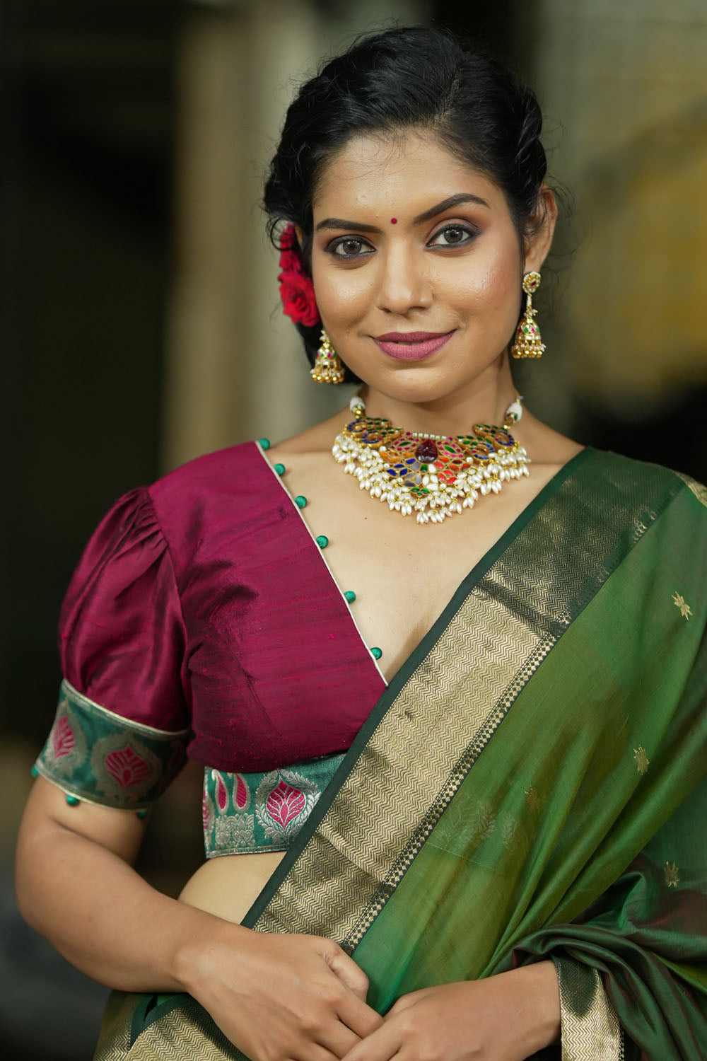 Maroon pure Raw silk V neck blouse with puff sleeves and potli button detailing, Made to Order