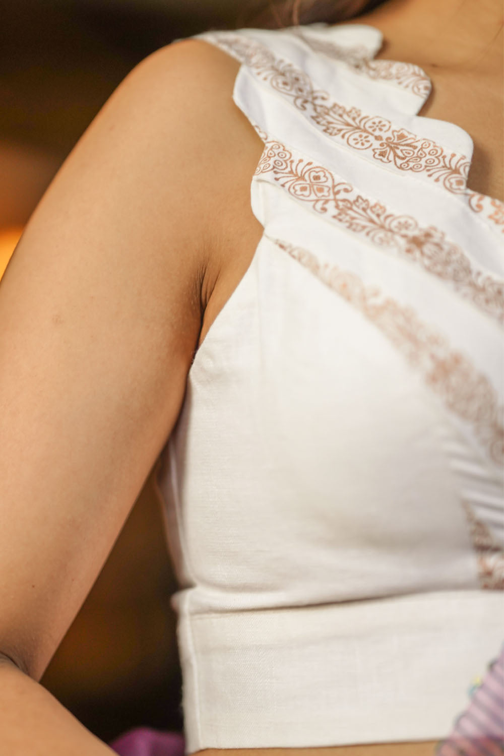 Ivory Scalloped V Neck cotton sleeveless blouse, Made to Order