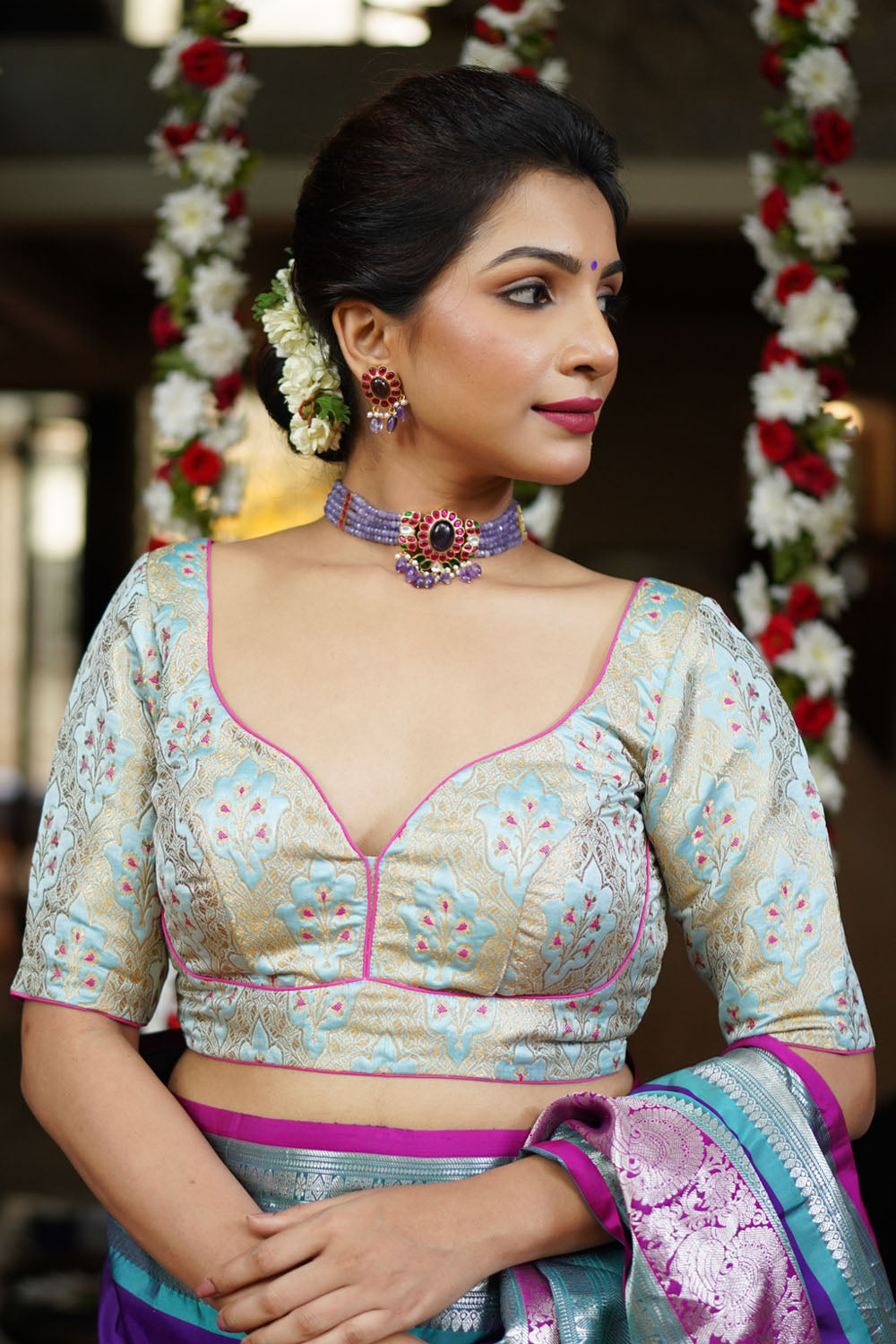 Heather Blue Meenakari Silk Blouse Mix and Match Blouse for saree, Made to Order
