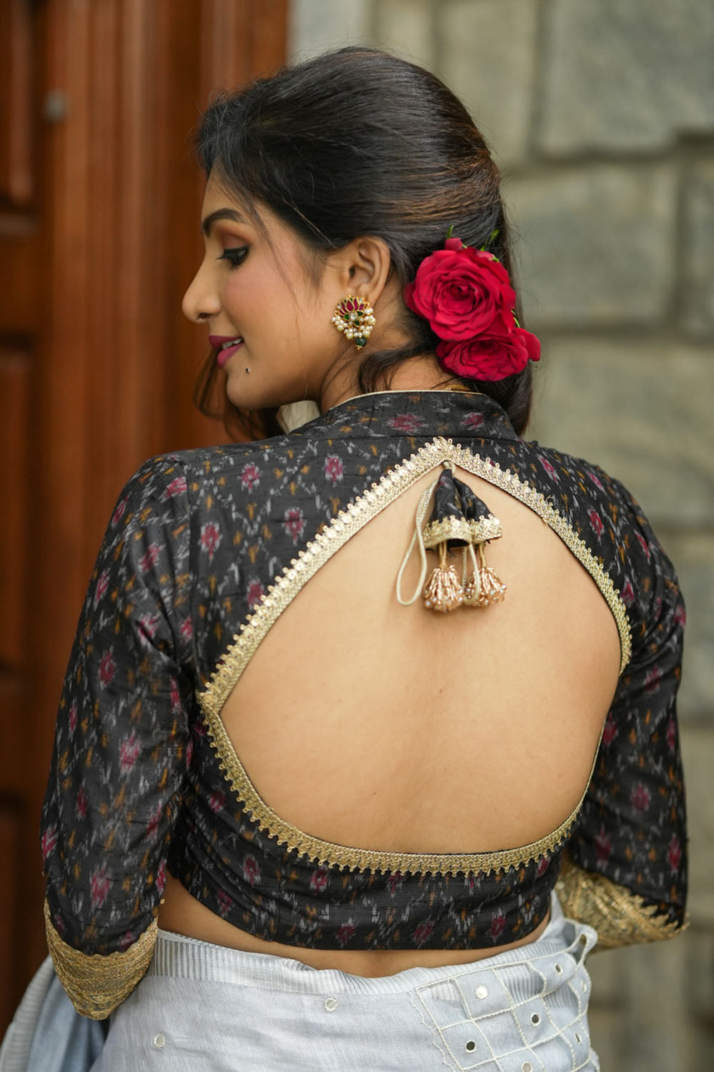 Black Pure Raw Silk Ikkat Weave blouse with Sweetheart neck,3/4 sleeves and gotta detailing, Made to Order