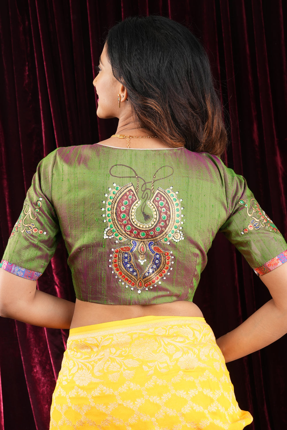 Nizam Jewelry Handpainted Blouse in Green pink Pure Raw silk with multicolor brocade bustier detailing