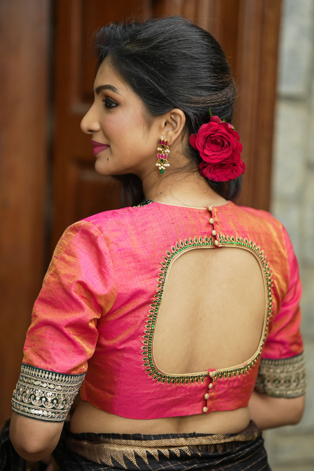 Pure Tissue Raw Silk Pink Blouse with Deep Green Velvet Yoke and Hand Work, Made to Order