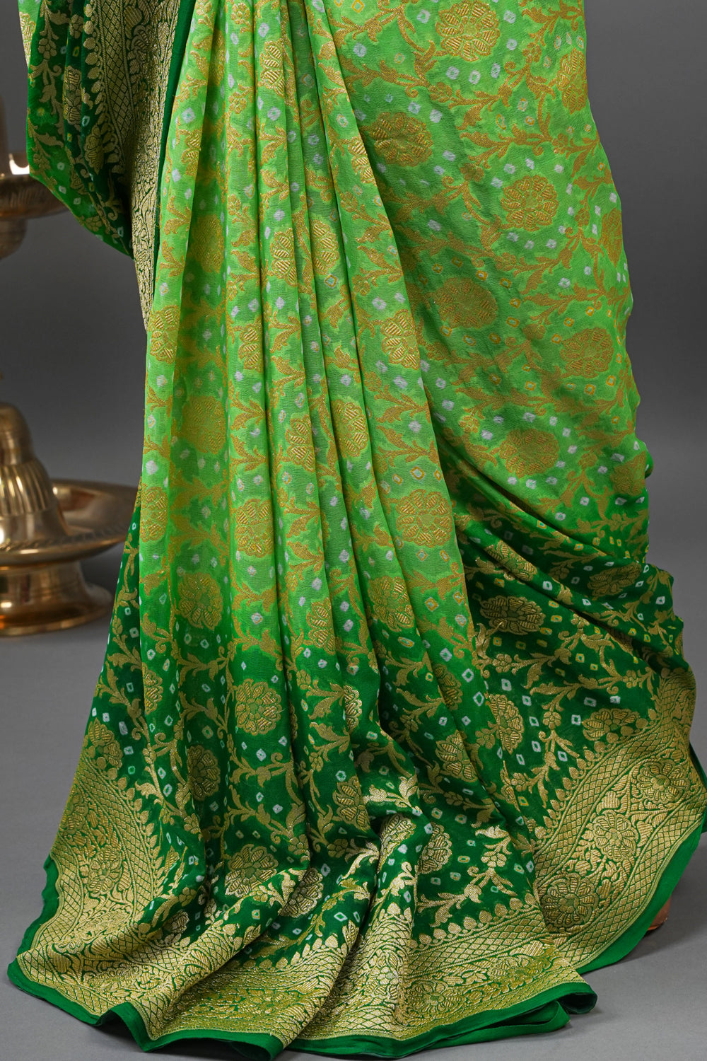 Authentic Hand Bandhej Banarasi Silk Georgette Saree in Ombre shades of Green | SILK MARK CERTIFIED