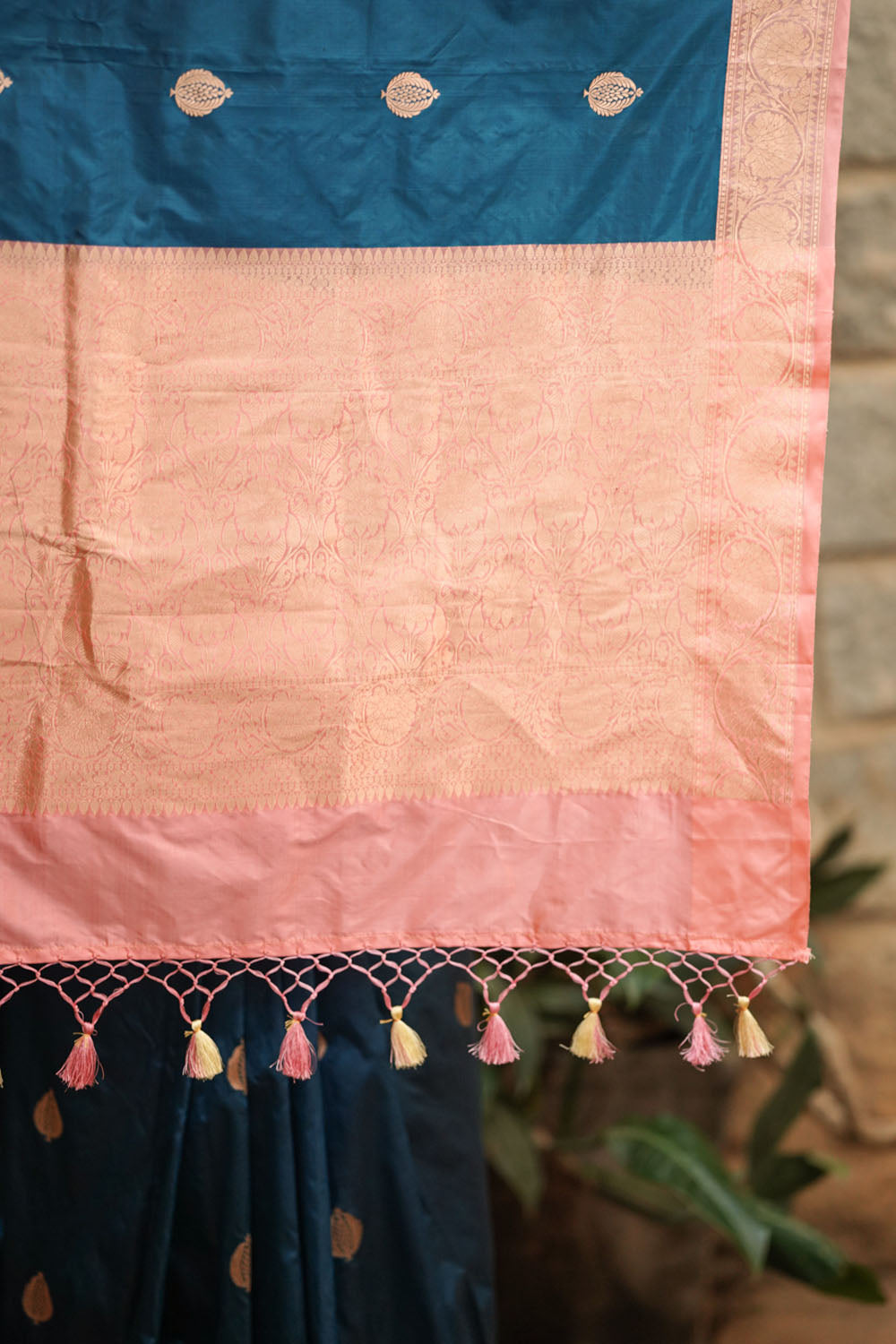 Banarasi Katan Silk Saree in Peacock Blue & Pink with Damask Motifs | SILK MARK CERTIFIED